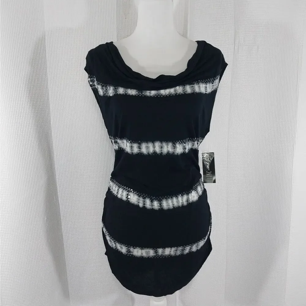 NWT! INC! BLACK & WHITE TYE-DYED SEQUIN TRIMMED DRAPEY NECK TOP, SHIRT! SZ XL - Picture 2 of 9